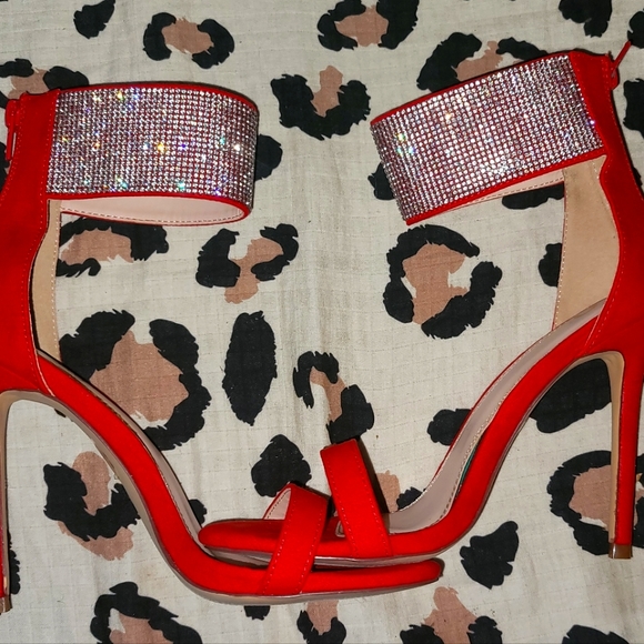 Shoes - Cleo Red Suede Stiletto w/rhinestone strap.